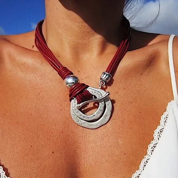 Bohemian Silver Hammered Statement Toggle Necklace, Tribal, Boho - Picture 4 of 5